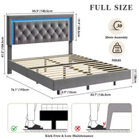 Lit King Size flottant avec lumières LED. Lit plateforme rembourré avec tête de lit capitonnée. Lattes en bois. Sommier tapissier non requis. Sans bruit.