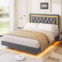 Lit King Size flottant avec lumières LED. Lit plateforme rembourré avec tête de lit capitonnée. Lattes en bois. Sommier tapissier non requis. Sans bruit.