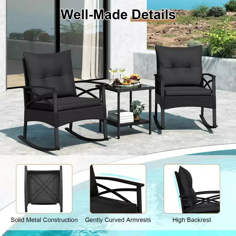 Costway Ensemble de chaises à bascule en rotin 3 pièces avec plateau de table en bois d'acacia et accoudoirs pour porche, balcon, Marron mixte + Beige/Gris/Marine/Noir