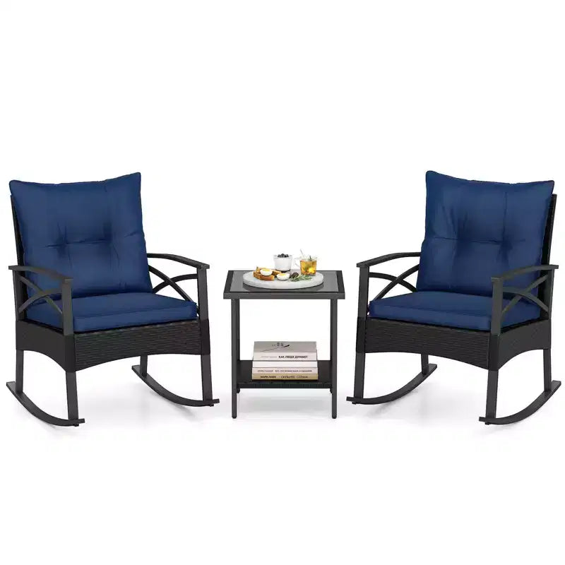Costway Ensemble de chaises à bascule en rotin 3 pièces avec plateau de table en bois d'acacia et accoudoirs pour porche, balcon, Marron mixte + Beige/Gris/Marine/Noir