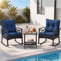 Costway Ensemble de chaises à bascule en rotin 3 pièces avec plateau de table en bois d'acacia et accoudoirs pour porche, balcon, Marron mixte + Beige/Gris/Marine/Noir