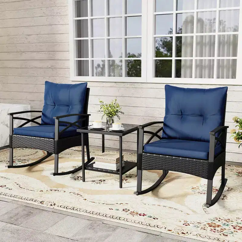 Costway Ensemble de chaises à bascule en rotin 3 pièces avec plateau de table en bois d'acacia et accoudoirs pour porche, balcon, Marron mixte + Beige/Gris/Marine/Noir