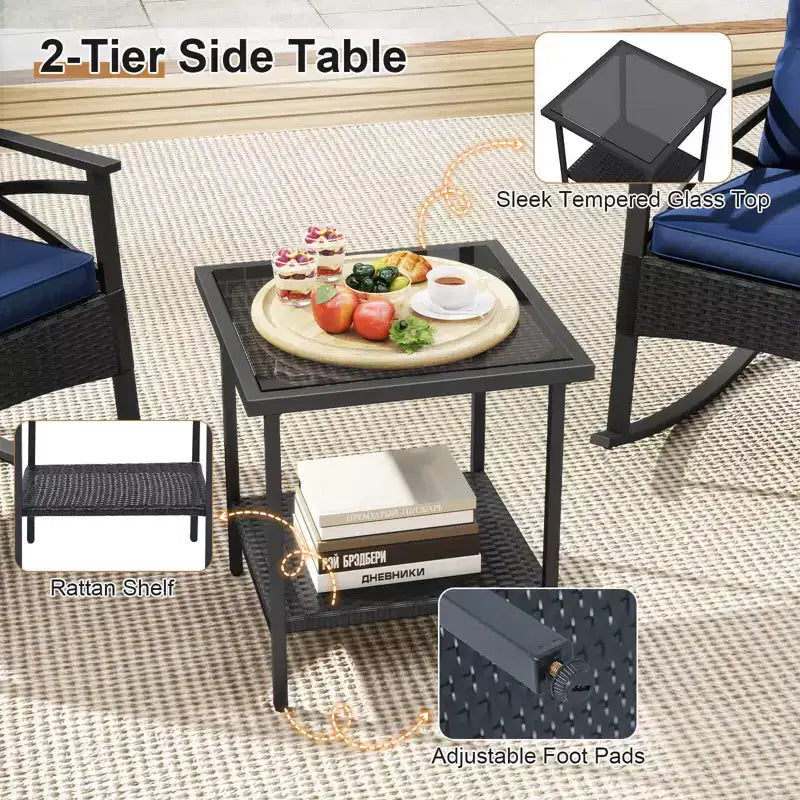 Costway Ensemble de chaises à bascule en rotin 3 pièces avec plateau de table en bois d'acacia et accoudoirs pour porche, balcon, Marron mixte + Beige/Gris/Marine/Noir