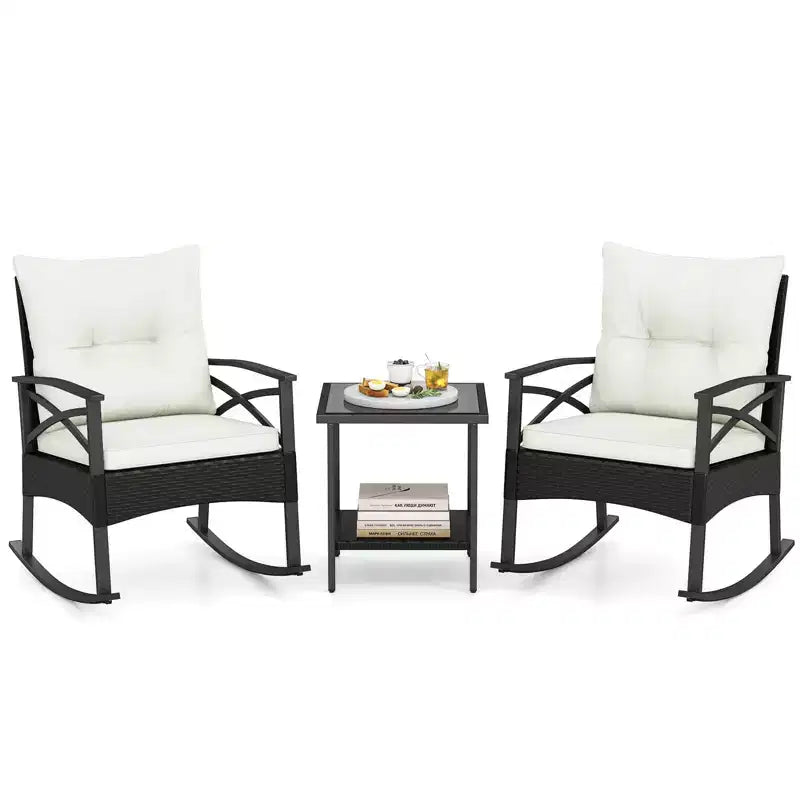 Costway Ensemble de chaises à bascule en rotin 3 pièces avec plateau de table en bois d'acacia et accoudoirs pour porche, balcon, Marron mixte + Beige/Gris/Marine/Noir