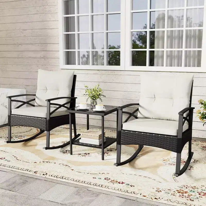 Costway Ensemble de chaises à bascule en rotin 3 pièces avec plateau de table en bois d'acacia et accoudoirs pour porche, balcon, Marron mixte + Beige/Gris/Marine/Noir