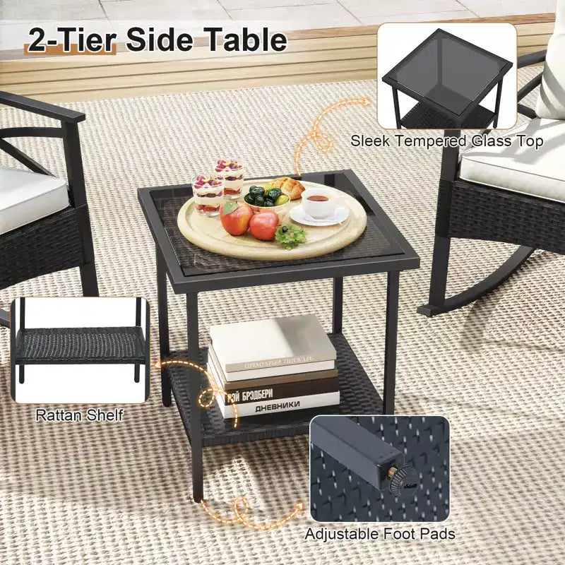 Costway Ensemble de chaises à bascule en rotin 3 pièces avec plateau de table en bois d'acacia et accoudoirs pour porche, balcon, Marron mixte + Beige/Gris/Marine/Noir