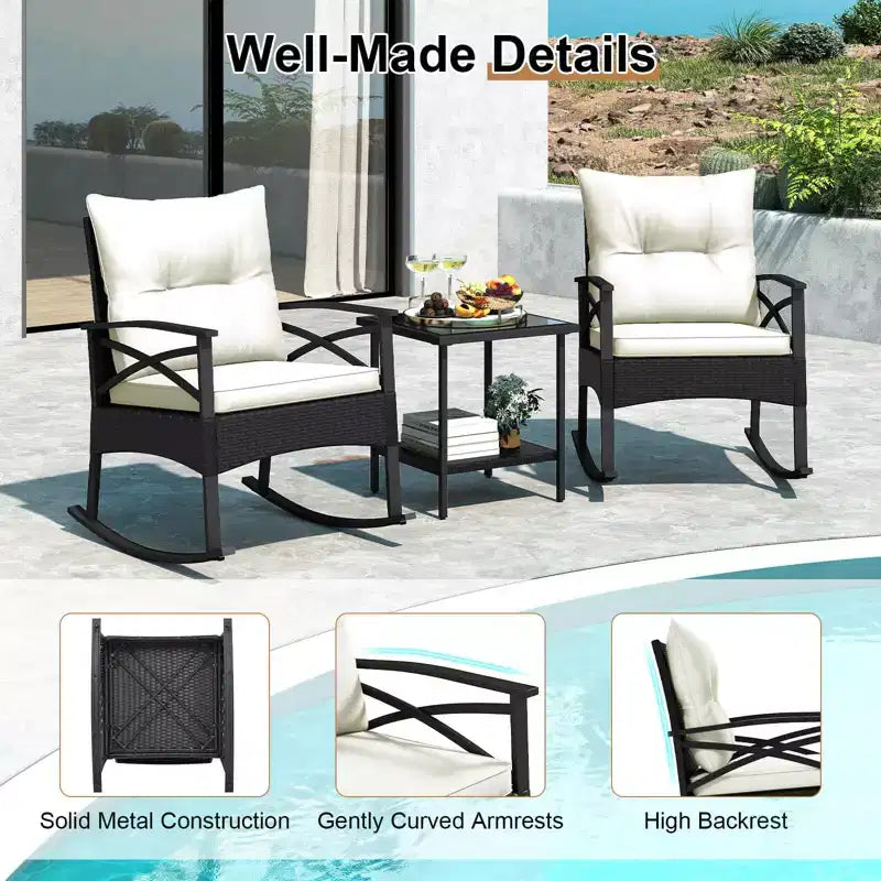Costway Ensemble de chaises à bascule en rotin 3 pièces avec plateau de table en bois d'acacia et accoudoirs pour porche, balcon, Marron mixte + Beige/Gris/Marine/Noir