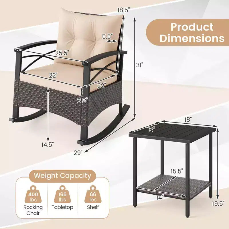Costway Ensemble de chaises à bascule en rotin 3 pièces avec plateau de table en bois d'acacia et accoudoirs pour porche, balcon, Marron mixte + Beige/Gris/Marine/Noir