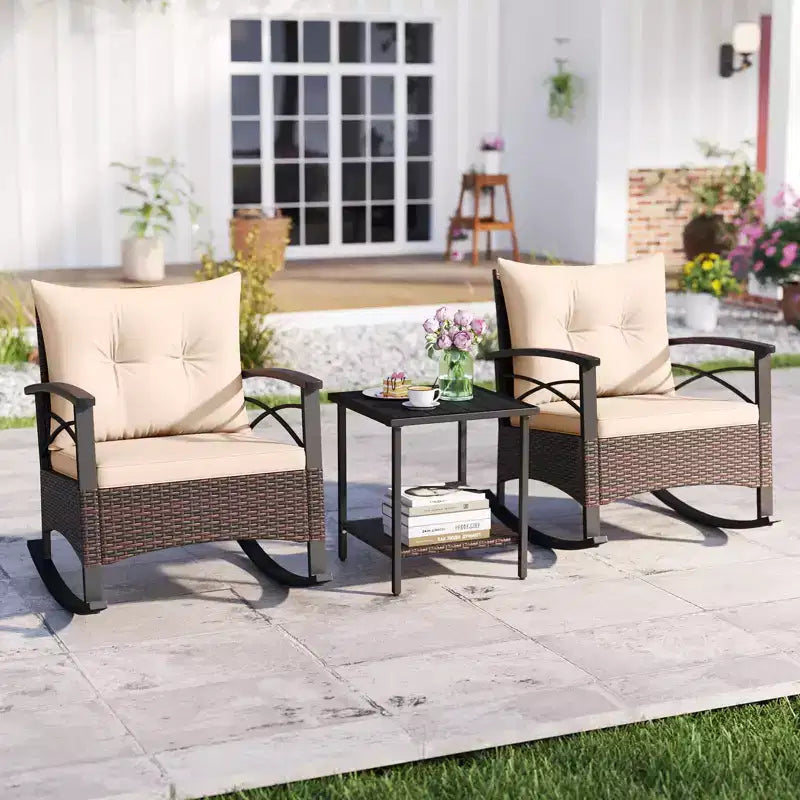 Costway Ensemble de chaises à bascule en rotin 3 pièces avec plateau de table en bois d'acacia et accoudoirs pour porche, balcon, Marron mixte + Beige/Gris/Marine/Noir