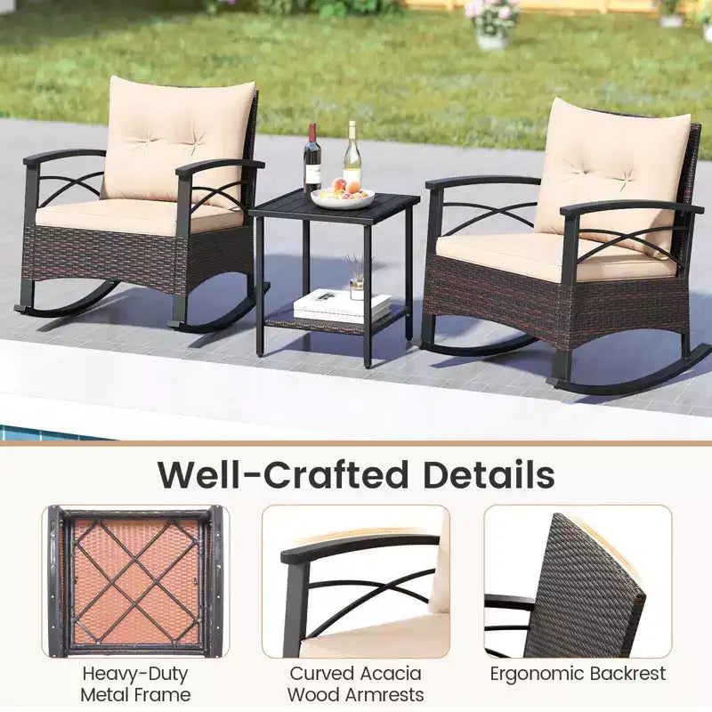 Costway Ensemble de chaises à bascule en rotin 3 pièces avec plateau de table en bois d'acacia et accoudoirs pour porche, balcon, Marron mixte + Beige/Gris/Marine/Noir