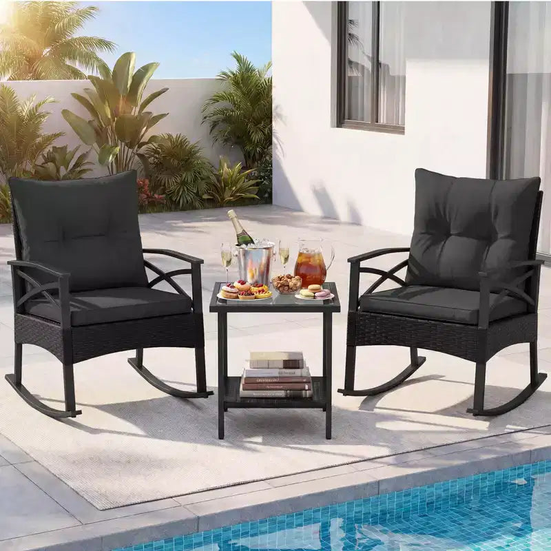 Costway Ensemble de chaises à bascule en rotin 3 pièces avec plateau de table en bois d'acacia et accoudoirs pour porche, balcon, Marron mixte + Beige/Gris/Marine/Noir