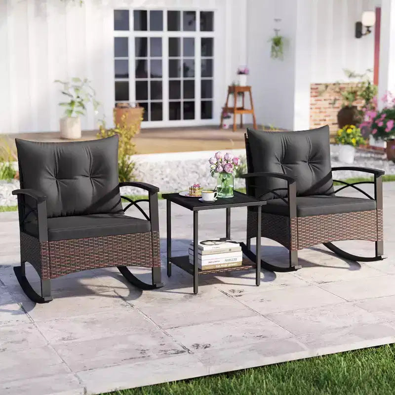 Costway Ensemble de chaises à bascule en rotin 3 pièces avec plateau de table en bois d'acacia et accoudoirs pour porche, balcon, Marron mixte + Beige/Gris/Marine/Noir
