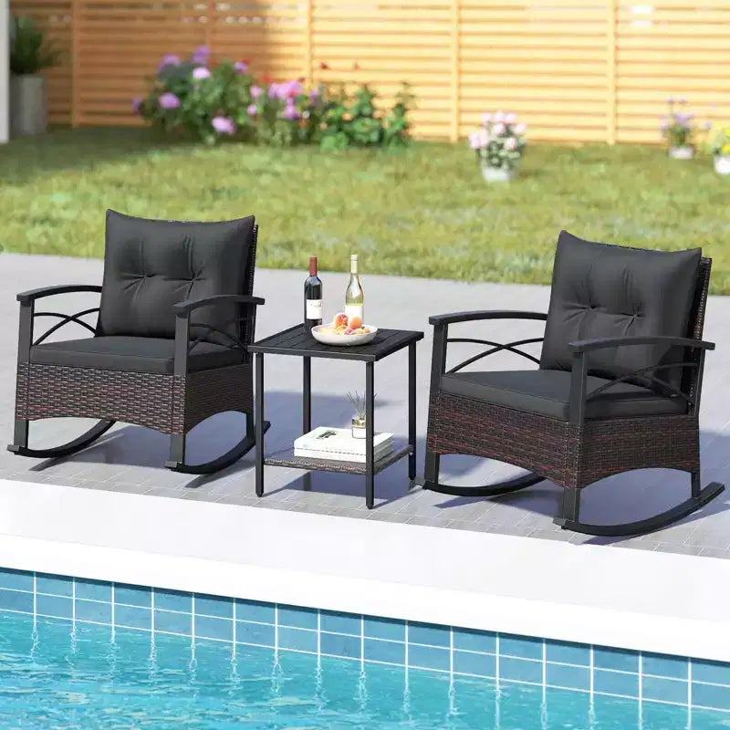 Costway Ensemble de chaises à bascule en rotin 3 pièces avec plateau de table en bois d'acacia et accoudoirs pour porche, balcon, Marron mixte + Beige/Gris/Marine/Noir