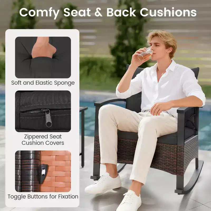Costway Ensemble de chaises à bascule en rotin 3 pièces avec plateau de table en bois d'acacia et accoudoirs pour porche, balcon, Marron mixte + Beige/Gris/Marine/Noir