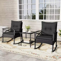 Costway Ensemble de chaises à bascule en rotin 3 pièces avec plateau de table en bois d'acacia et accoudoirs pour porche, balcon, Marron mixte + Beige/Gris/Marine/Noir
