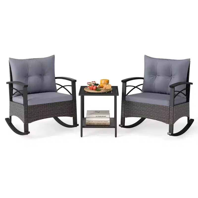 Costway Ensemble de chaises à bascule en rotin 3 pièces avec plateau de table en bois d'acacia et accoudoirs pour porche, balcon, Marron mixte + Beige/Gris/Marine/Noir