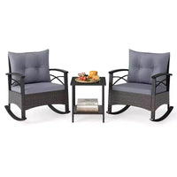 Costway Ensemble de chaises à bascule en rotin 3 pièces avec plateau de table en bois d'acacia et accoudoirs pour porche, balcon, Marron mixte + Beige/Gris/Marine/Noir