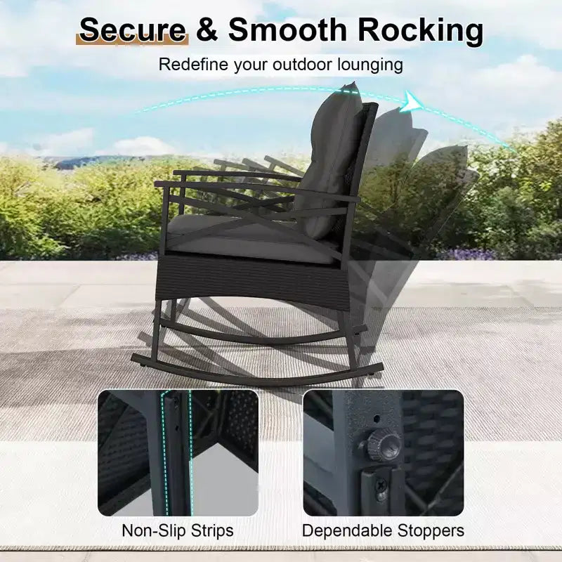 Costway Ensemble de chaises à bascule en rotin 3 pièces avec plateau de table en bois d'acacia et accoudoirs pour porche, balcon, Marron mixte + Beige/Gris/Marine/Noir