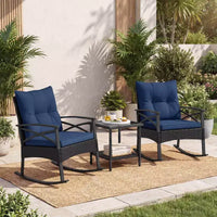 Costway Ensemble de chaises à bascule en rotin 3 pièces avec plateau de table en bois d'acacia et accoudoirs pour porche, balcon, Marron mixte + Beige/Gris/Marine/Noir