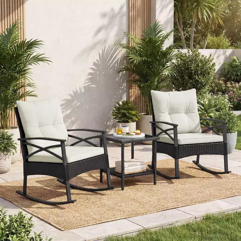 Costway Ensemble de chaises à bascule en rotin 3 pièces avec plateau de table en bois d'acacia et accoudoirs pour porche, balcon, Marron mixte + Beige/Gris/Marine/Noir