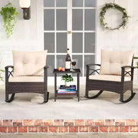 Costway Ensemble de chaises à bascule en rotin 3 pièces avec plateau de table en bois d'acacia et accoudoirs pour porche, balcon, Marron mixte + Beige/Gris/Marine/Noir