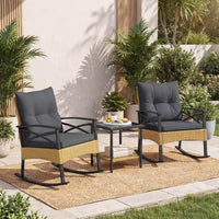 Costway Ensemble de chaises à bascule en rotin 3 pièces avec plateau de table en bois d'acacia et accoudoirs pour porche, balcon, Marron mixte + Beige/Gris/Marine/Noir