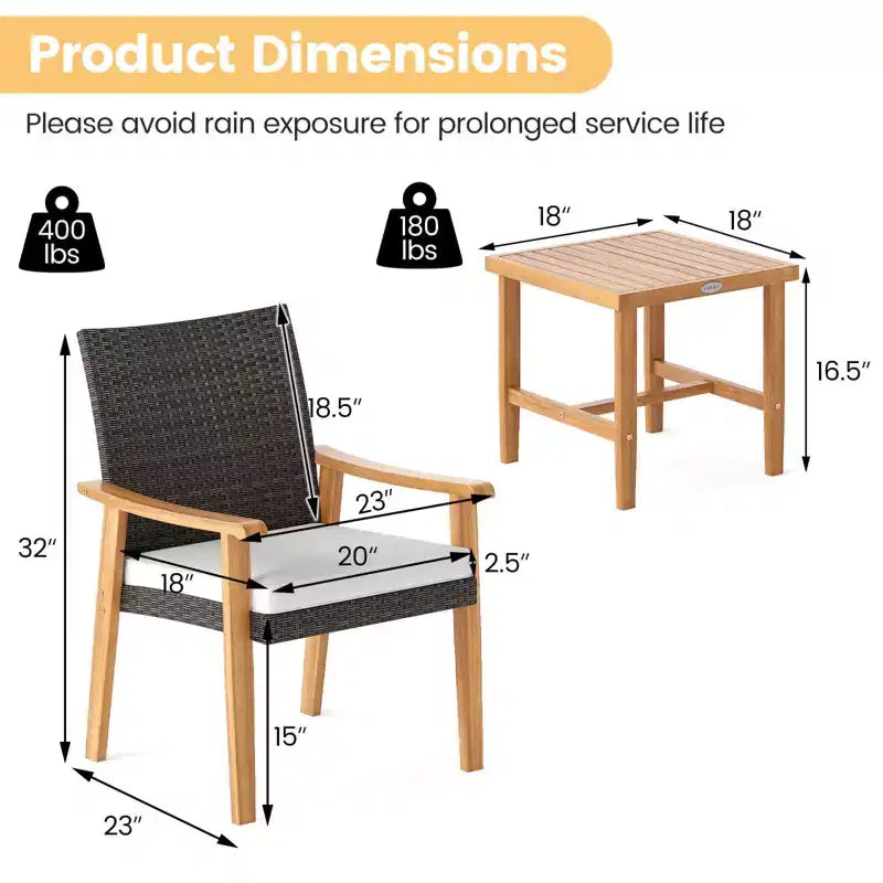 Costway Ensemble de mobilier de terrasse en résine tressée PE 3 pièces avec table basse et coussins pour porche avant
