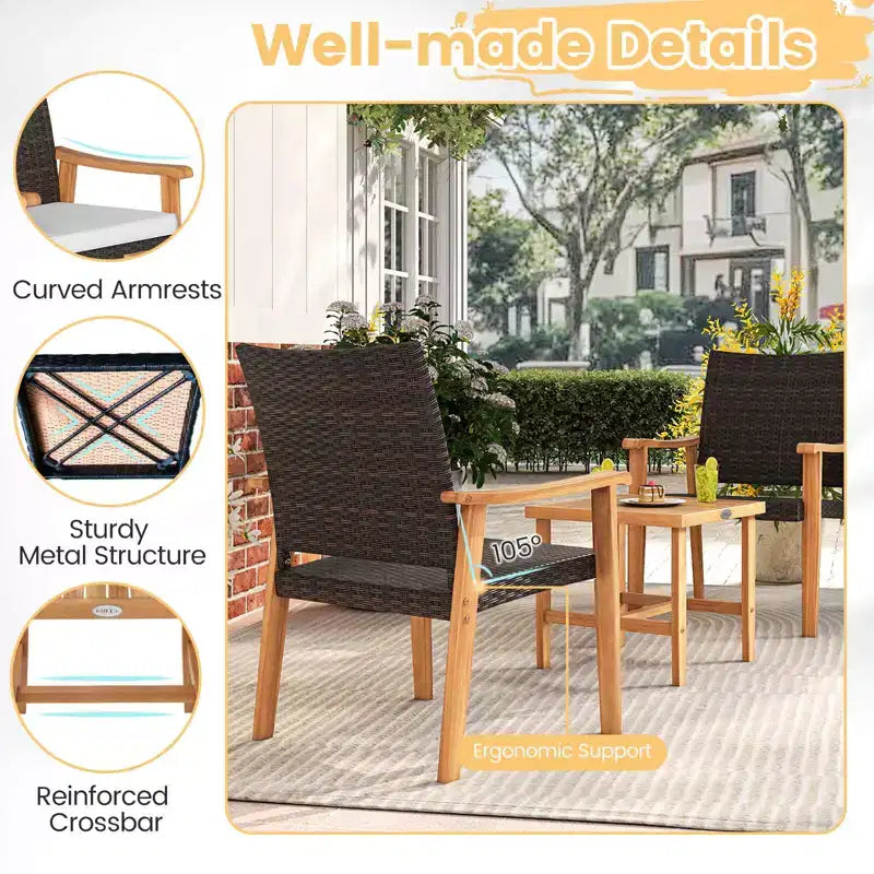 Costway Ensemble de mobilier de terrasse en résine tressée PE 3 pièces avec table basse et coussins pour porche avant