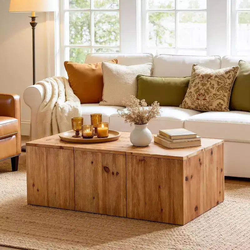 Table basse rectangulaire en bois massif Lantine 47 pouces, table centrale style ferme avec grain de bois naturel pour salon, style rétro