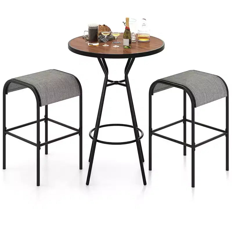 Costway Ensemble de bistro 3 pièces pour terrasse avec table ronde, trou pour parasol de 4 cm et 2 tabourets, structure en métal