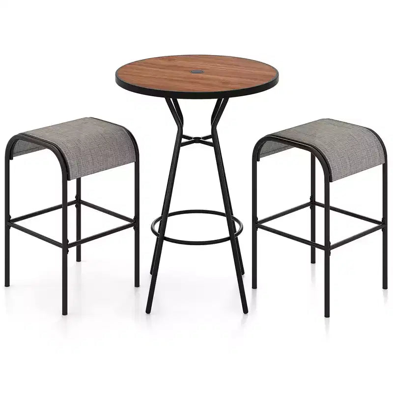Costway Ensemble de bistro 3 pièces pour terrasse avec table ronde, trou pour parasol de 4 cm et 2 tabourets, structure en métal