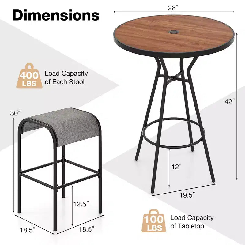 Costway Ensemble de bistro 3 pièces pour terrasse avec table ronde, trou pour parasol de 4 cm et 2 tabourets, structure en métal