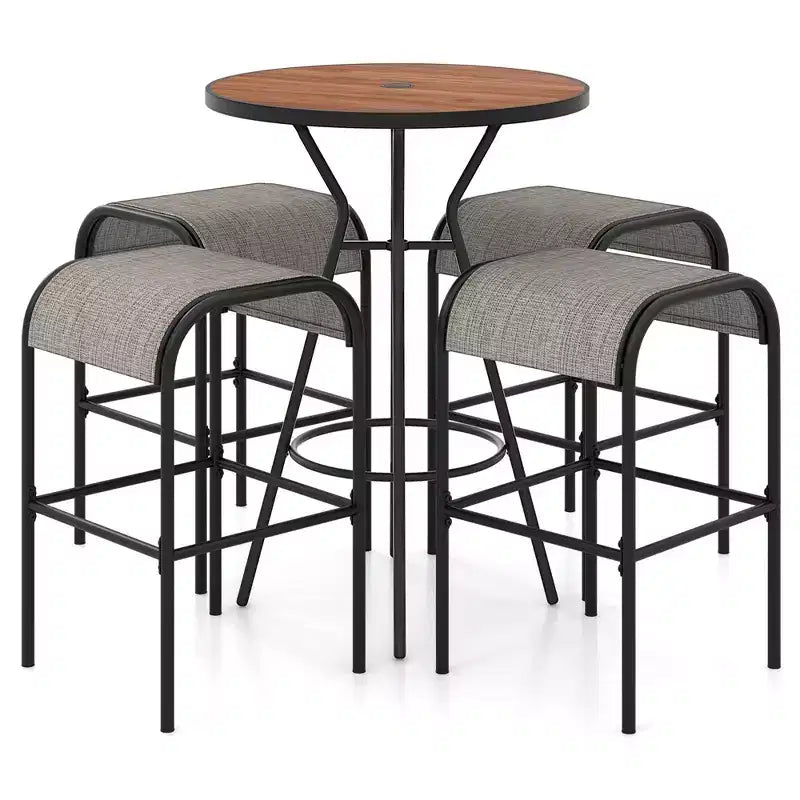Costway Ensemble bistro de terrasse 5 pièces, table ronde avec trou pour parasol 1,6 et 4 tabourets, cadre en métal