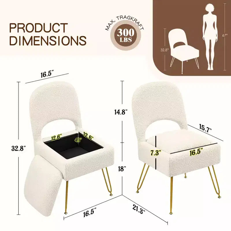 Furniliving Chaise de coiffeuse avec rangement, chaise de maquillage de rangement avec dossier pliant