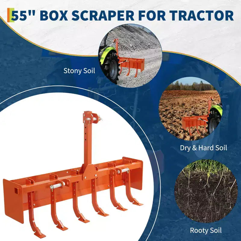 Lame de boîte 55 pour tracteur catégorie 1 Cat 0, dent de scarificateur, 6 dents réglables pour nivellement, terrassement, aménagement paysager