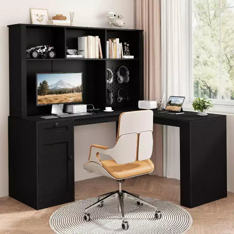 Bureau d'angle en bois MooxvMoo avec lumières LED, tiroirs et étagère, table d'ordinateur d'angle moderne pour bureau à domicile et jeux, noyer