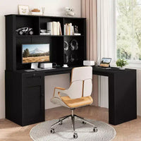 Bureau d'angle en bois MooxvMoo avec lumières LED, tiroirs et étagère, table d'ordinateur d'angle moderne pour bureau à domicile et jeux, noyer