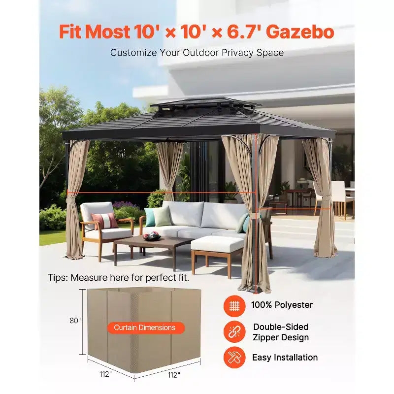 VEVOR Rideaux de gazebo extérieurs, conviennent à la plupart des gazebos 10' x 10' x 6,7', rideaux d'intimité de gazebo à 4 panneaux latéraux avec fermetures éclair, kaki