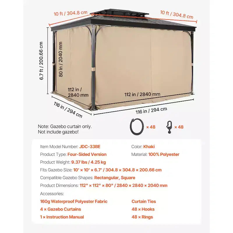 VEVOR Rideaux de gazebo extérieurs, conviennent à la plupart des gazebos 10' x 10' x 6,7', rideaux d'intimité de gazebo à 4 panneaux latéraux avec fermetures éclair, kaki