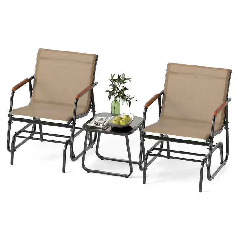 Ensemble de 3 pièces d'extérieur Costway avec table basse en verre trempé et accoudoirs en teck