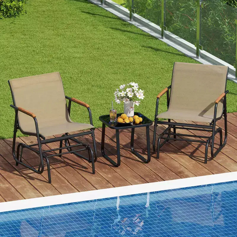 Ensemble de 3 pièces d'extérieur Costway avec table basse en verre trempé et accoudoirs en teck