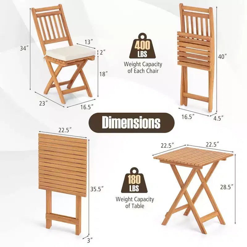 Costway Ensemble bistro pliant 3 pièces avec coussins d'assise amovibles - Table et chaises d'extérieur