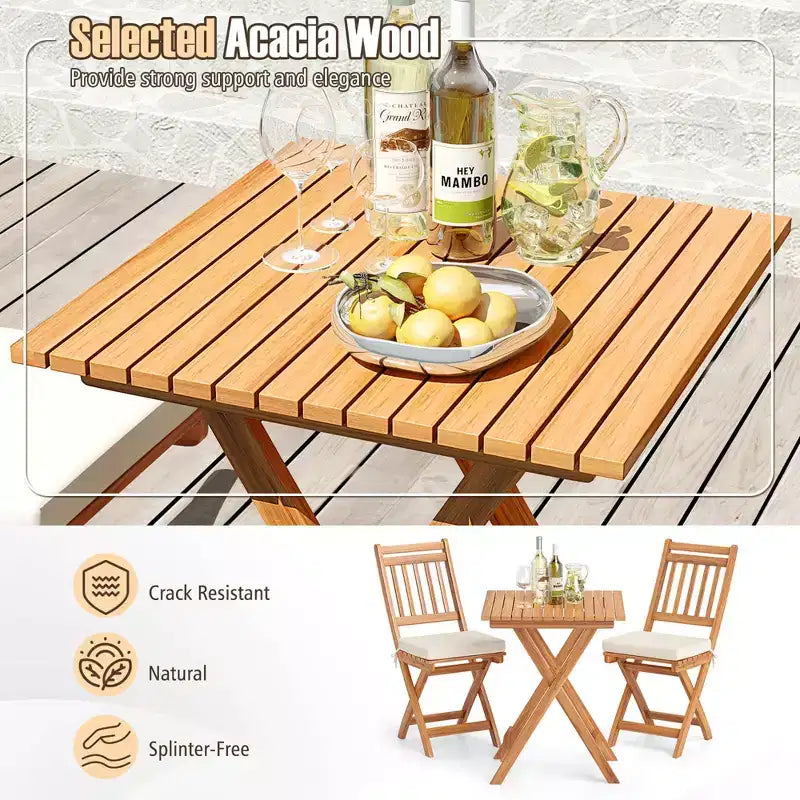Costway Ensemble bistro pliant 3 pièces avec coussins d'assise amovibles - Table et chaises d'extérieur