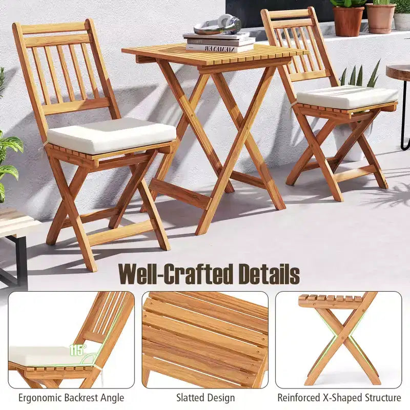 Costway Ensemble bistro pliant 3 pièces avec coussins d'assise amovibles - Table et chaises d'extérieur