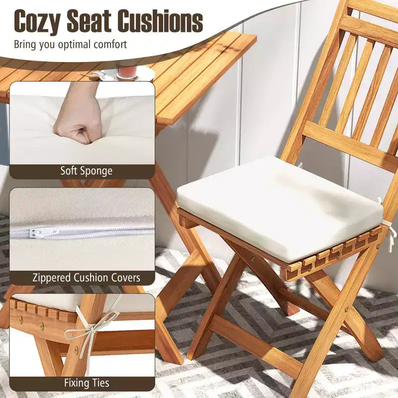 Costway Ensemble bistro pliant 3 pièces avec coussins d'assise amovibles - Table et chaises d'extérieur