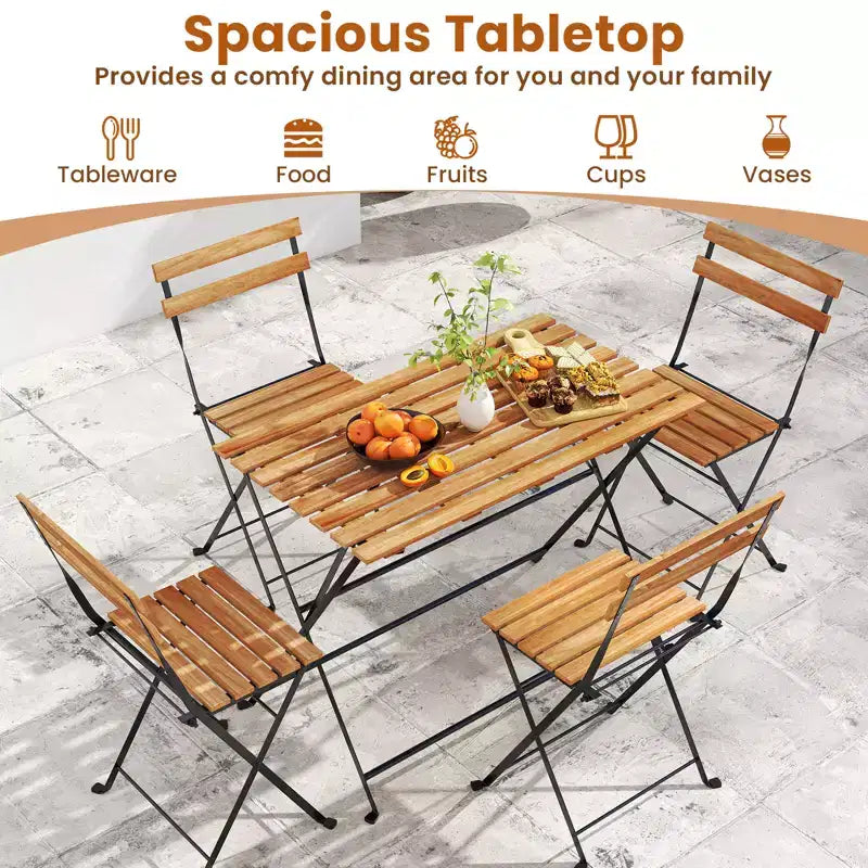 Costway Ensemble de salle à manger d'extérieur 5 pièces en bois d'acacia avec 4 chaises pliantes à lattes et plateau de table