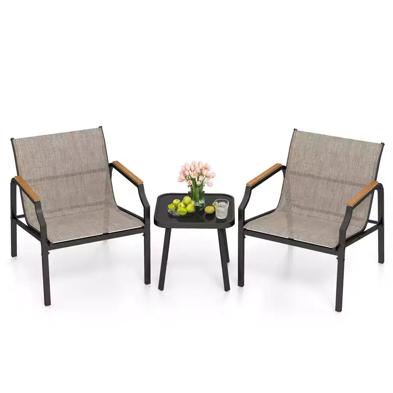 Costway Ensemble de 3 Chaises d'Extérieur avec Cadre en Métal et Tissu Respirant avec Table