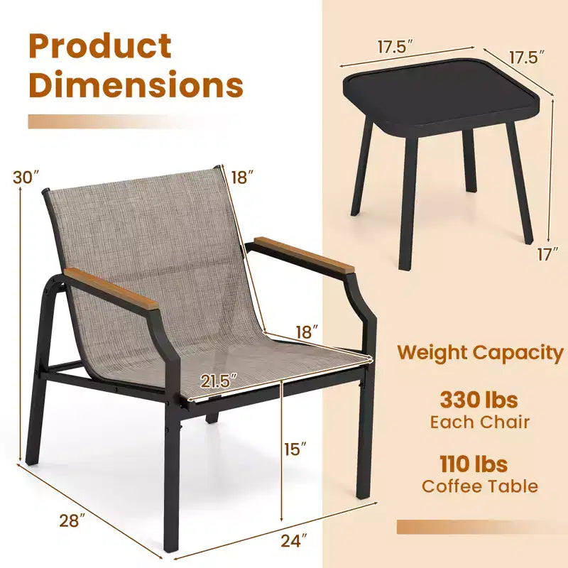 Costway Ensemble de 3 Chaises d'Extérieur avec Cadre en Métal et Tissu Respirant avec Table