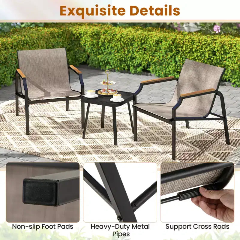 Costway Ensemble de 3 Chaises d'Extérieur avec Cadre en Métal et Tissu Respirant avec Table