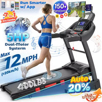 Tapis de course pliable 5CV pour la maison avec inclinaison automatique de 20 % et vitesse de 19 km/h, capacité de 180 kg, tapis de course portable, entraînement personnalisé avec application, tapis de course pour la course et la marche